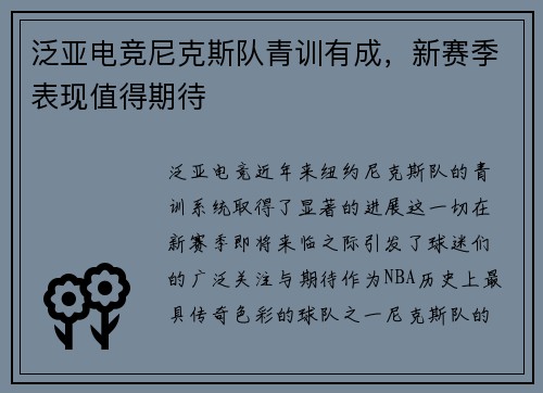 泛亚电竞尼克斯队青训有成，新赛季表现值得期待