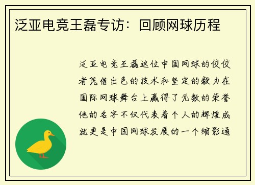 泛亚电竞王磊专访：回顾网球历程