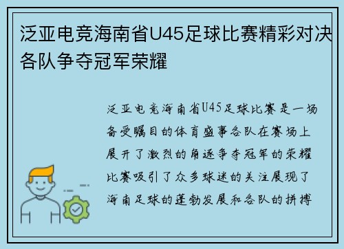 泛亚电竞海南省U45足球比赛精彩对决各队争夺冠军荣耀