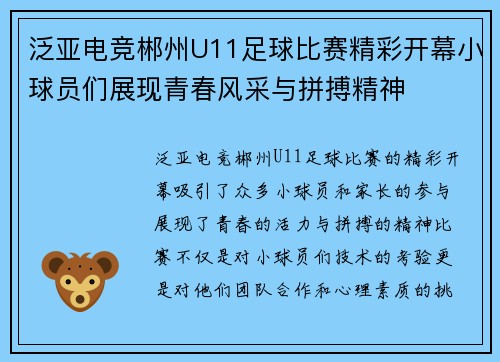 泛亚电竞郴州U11足球比赛精彩开幕小球员们展现青春风采与拼搏精神