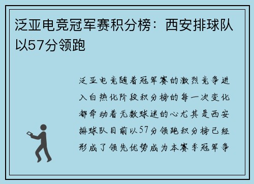 泛亚电竞冠军赛积分榜：西安排球队以57分领跑